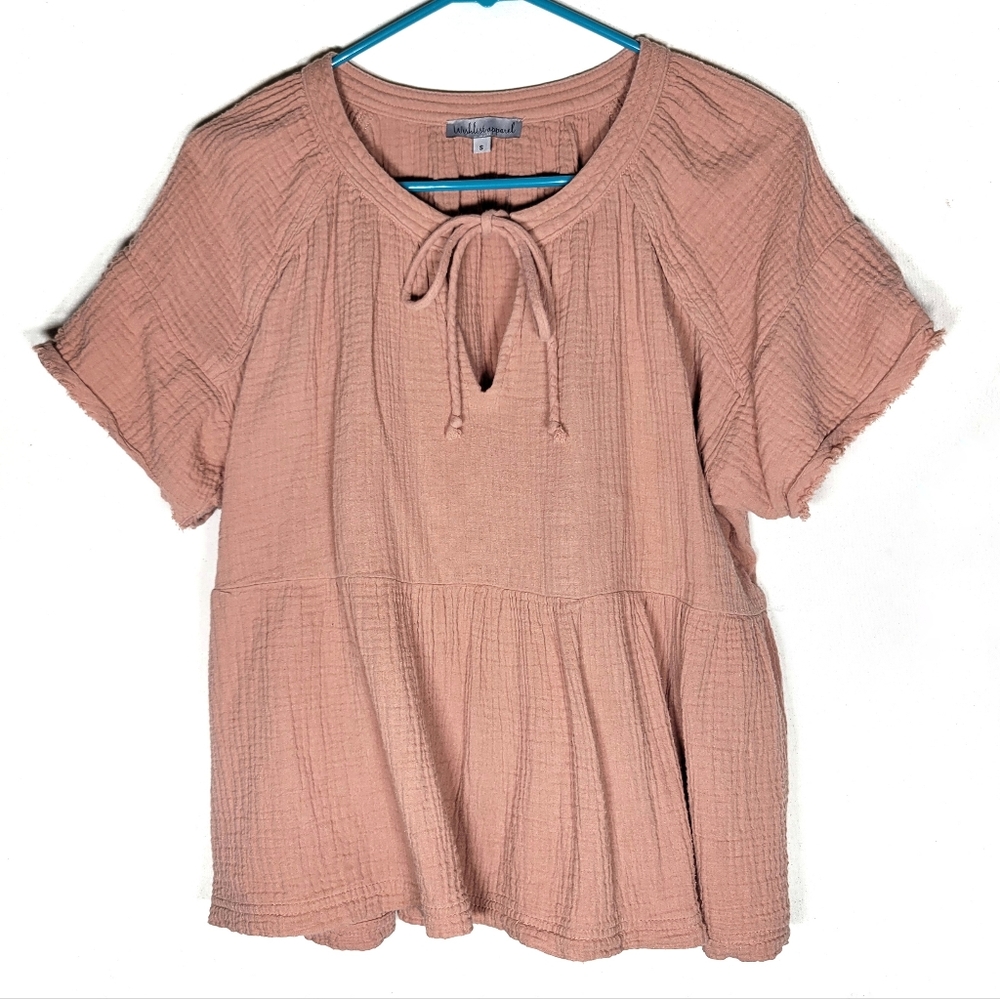Rose pink shortsleeve blouse S tie vneck muslin bow women's small